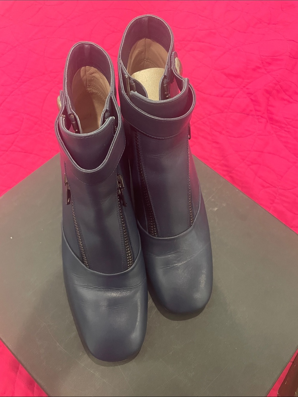 Marc Jacobs Navy Leather Ankle Booties with Zip & Strap
